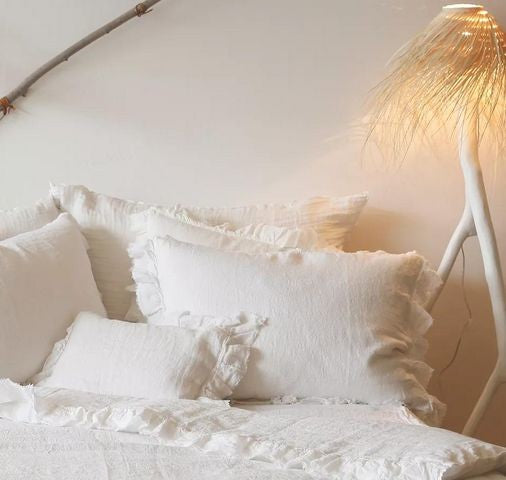 Funda de almohada Boho Lino Lavado Arrugado Blanca