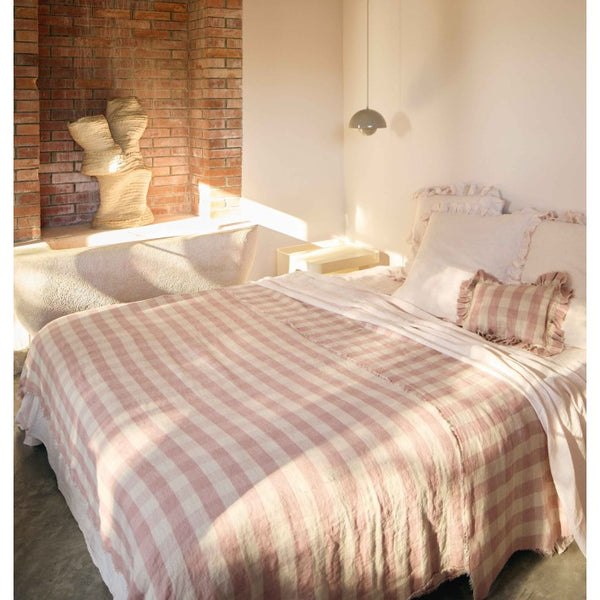 Cojín lino lavado Frangé Vichy Cottage Bois de Rose