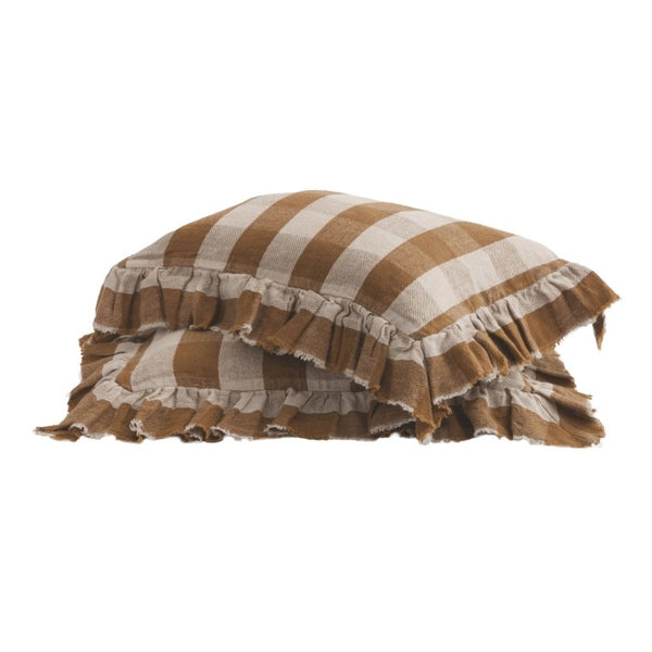 Funda de cojín Boho Frangé Vichy Cottage Havane en lino de Maison de Vacances | Nomad Interiors