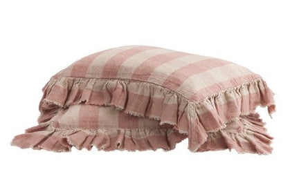 Funda de cojín Boho Frangé Vichy Cottage Bois de Rose en lino de Maison de Vacances | Nomad Interiors