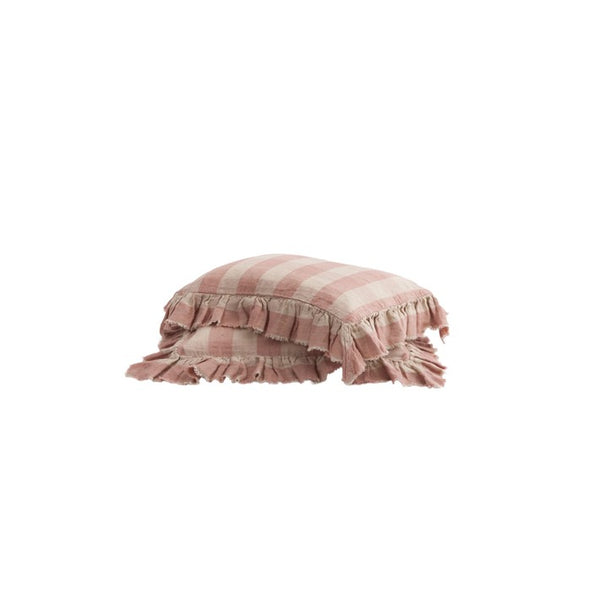 Funda de cojín Boho Frangé Vichy Cottage Bois de Rose en lino de Maison de Vacances | Nomad Interiors